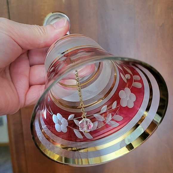 Vintage Bohemia Czech 6” Cut To Clear Crystal Ruby Red Bell Gold Trim MINT - Picture 3 of 5